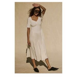 Free People Talia Midi Dress Ruched Sweetheart White L Large Bohemian Beach